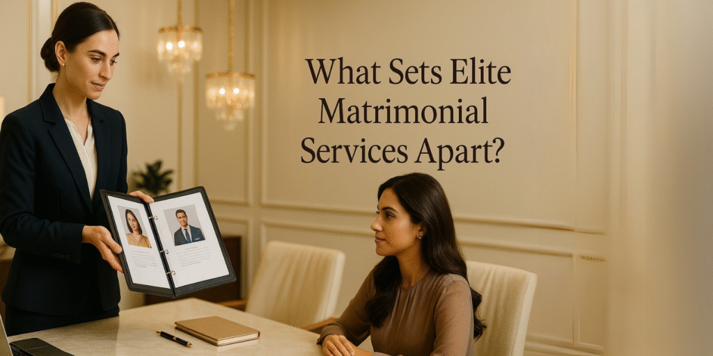 Consultant presenting elite matrimony profiles to a client