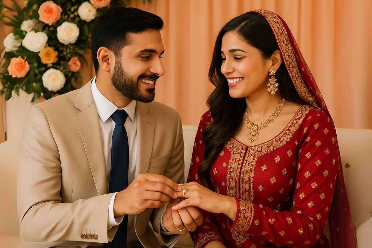 Joyful engagement ceremony celebrating love and commitment through Matrimonial Sites in the USA.
