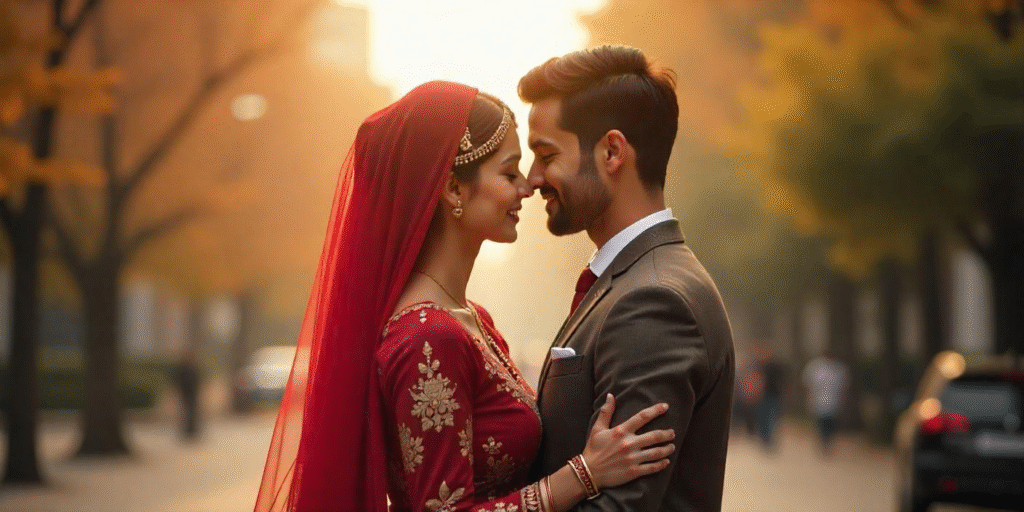 Romantic South Asian couple in traditional wedding attire embracing outdoors, reflecting a culturally rooted love story from matrimonial sites in the USA.